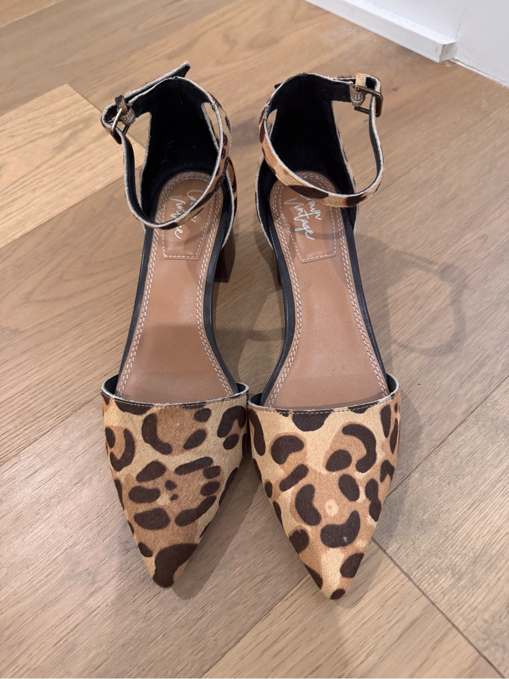Crown Vintage Leopard Print Pointed Ankle Strap Heels - Brown/Cream